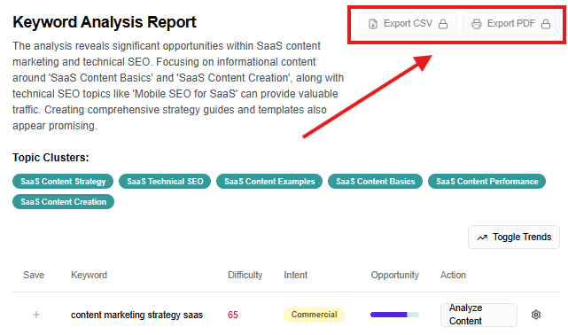 Export PDF/CSV options
