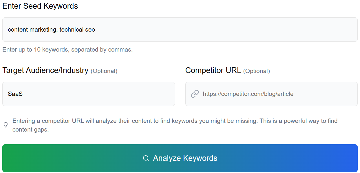 Seed keywords input with suggestions